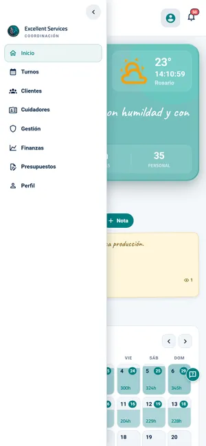 Celular: menú de la app con Inicio, Turnos, Clientes, Cuidadores, Gestión, Finanzas y Presupuestos