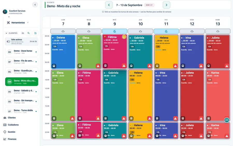 Vista de escritorio: semana de turnos de un cliente, con guardias de día y de noche asignadas a distintas cuidadoras